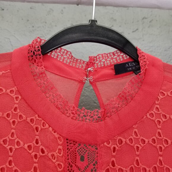 Allsaints Lilith Dress Sz 6 Eyelet Fit & Flare A-Line Coral Red Lace Sheer Lined - Picture 4 of 16